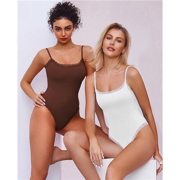 Women Square Neck Lace Bodysuit Sleeveless Coffee - Picture 4 of 6